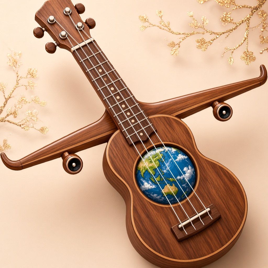 Strings to Wings: a wooden ukulele with airplane wings and the earth in the sound hole, on a peach sakura background. Not a photograph of a person.